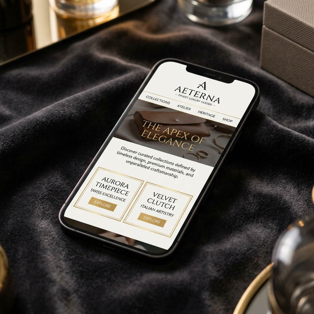 A macro shot of a sleek mobile phone screen displaying a luxury minimalist website design.